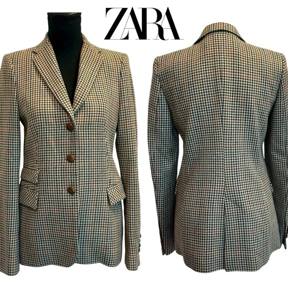 Zara tan brown houndstooth check plaid single breasted button front blazer Sz XS - Picture 15 of 15